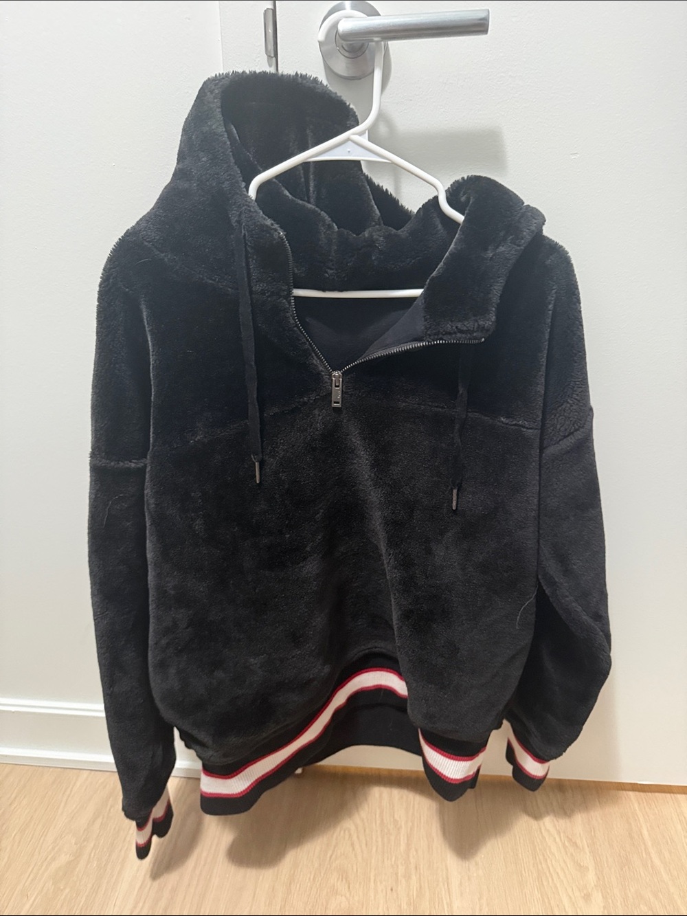 Women’s UGG Black Plush Half-Zip Hoodie Sweater with Stripe Hem